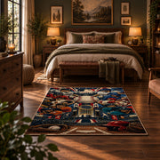 dynamic baseball player collage area rug displayed in a bedroom
