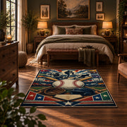 crossed bats baseball emblem area rug displayed in a bedroom