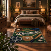 green baseball glove emblem area rug displayed in a bedroom
