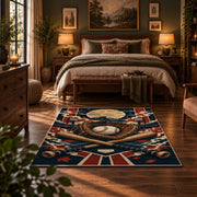 baseball glove crest collage area rug displayed in a bedroom