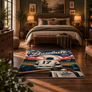 vintage baseball player poster area rug displayed in a bedroom