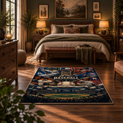 night stadium baseball collage area rug displayed in a bedroom