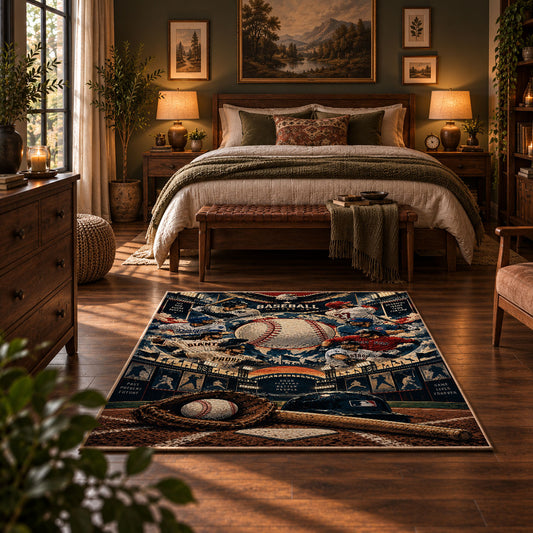vintage baseball gear collage area rug displayed in a bedroom