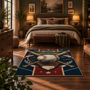 home plate baseball emblem area rug displayed in a bedroom
