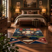 colorful baseball pennant patchwork area rug displayed in a bedroom