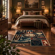 baseball stadium blueprint collage area rug displayed in a bedroom