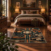 baseball glove equipment panels area rug displayed in a bedroom