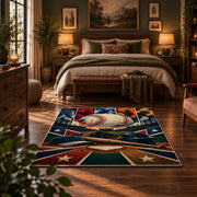 dynamic baseball action collage area rug displayed in a bedroom