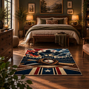 patriotic baseball star emblem area rug displayed in a bedroom