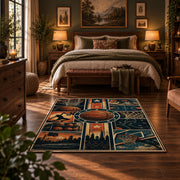 City Skyline Basketball Rug displayed in a bedroom corner