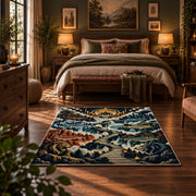 Mountain Basketball Court Rug displayed in a bedroom corner