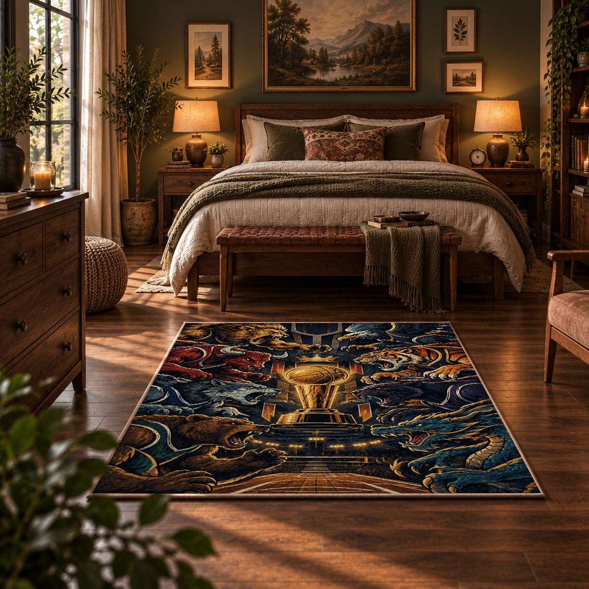 Golden Basketball Trophy Rug displayed in a bedroom corner