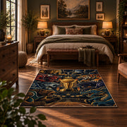 Golden Basketball Trophy Rug displayed in a bedroom corner