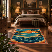 Tropical Island Basketball Court Rug displayed in a bedroom corner