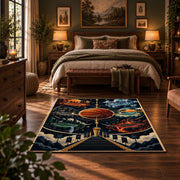 Cosmic Bridge Basketball Rug displayed in a bedroom corner