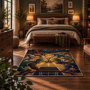 Golden Basketball Court Rug displayed in a bedroom corner