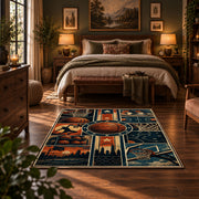 Neon City Basketball Collage Rug displayed in a bedroom corner
