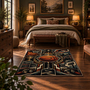 Mechanical Basketball Emblem Rug displayed in a bedroom corner