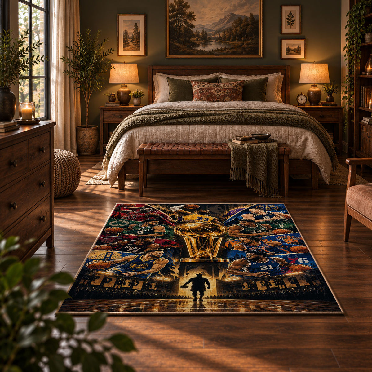Futuristic Basketball Arena Rug displayed in a bedroom corner