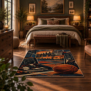 Oversized Basketball City Court Rug displayed in a bedroom corner