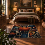 Basketball Hoop Collage Rug displayed in a bedroom corner