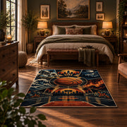 Sunset Skyline Basketball Hoop Rug displayed in a bedroom corner