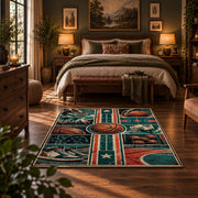 Geometric Basketball Court Collage Rug displayed in a bedroom corner