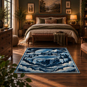 Icy Mountain Basketball Court Rug displayed in a bedroom corner