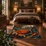 Graffiti Basketball Hoop Rug displayed in a bedroom corner
