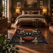 Dark Basketball Equipment Collage Rug displayed in a bedroom corner