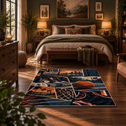 Urban Basketball Hoop Collage Rug displayed in a bedroom corner