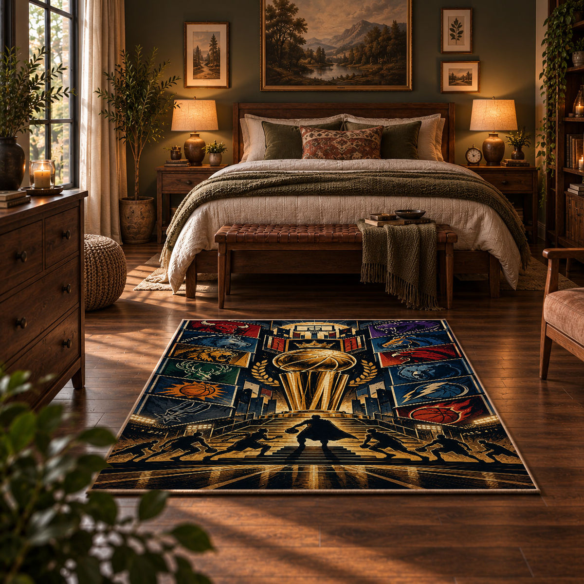 Golden Championship Trophy Basketball Rug displayed in a bedroom corner