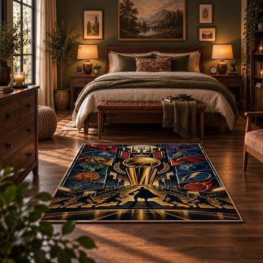 Golden Championship Trophy Basketball Rug displayed in a bedroom corner