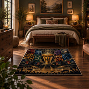 Golden Basketball Trophy City Rug displayed in a bedroom corner