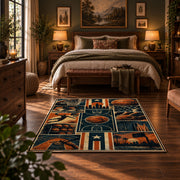 Basketball Court Grid Collage Rug displayed in a bedroom corner