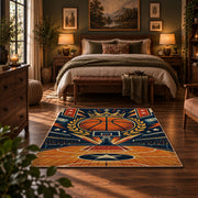Orange Star Basketball Court Rug displayed in a bedroom corner