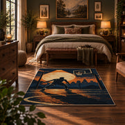 Sunset Street Basketball Silhouette Rug displayed in a bedroom corner