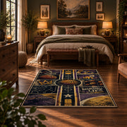 Purple Star Basketball Collage Rug displayed in a bedroom corner