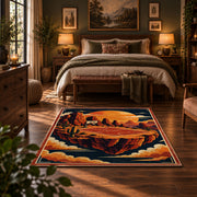 Desert Canyon Basketball Rug displayed in a bedroom corner