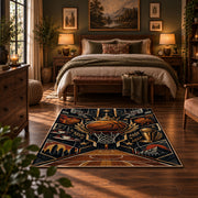 Golden Winged Basketball Rug displayed in a bedroom corner