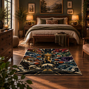 Ornate Basketball Collage Rug displayed in a bedroom corner
