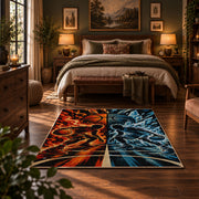 Fire and Ice Basketball Rug displayed in a bedroom corner