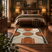 Minimal Basketball Court Diagram Rug displayed in a bedroom corner