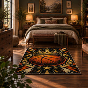 Comic Burst Basketball Rug displayed in a bedroom corner