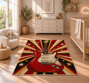 retro red electric guitar rug in a nursery beside a crib and dresser
