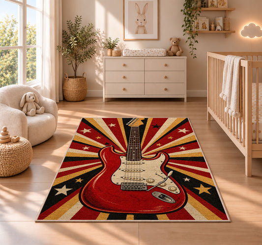 retro red electric guitar rug in a nursery beside a crib and dresser