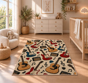 guitar pattern rug in a nursery beside a crib and dresser