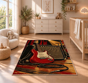 electric guitar and amp stage rug in a nursery beside a crib and dresser