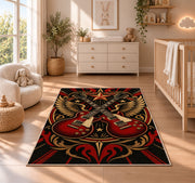 crossed guitars rock emblem rug in a nursery beside a crib and dresser