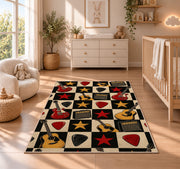 checkered rock guitar rug in a nursery beside a crib and dresser